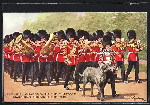 Künstler-AK The Irish Guards with their Mascot marching through the park