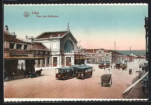 AK Liège, Gare des Guillemins, Strassenbahnen vor dem Bahnhof, Pferdekutsche