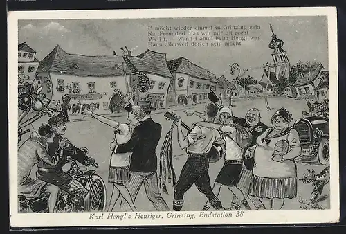 AK Wien-Grinzing, Karikatur: Lustige Gruppe