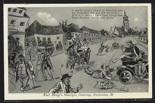 Künstler-AK Wien, Karl Hengl`s Heuriger, Grinzing, Endstadtion 38, Karikatur