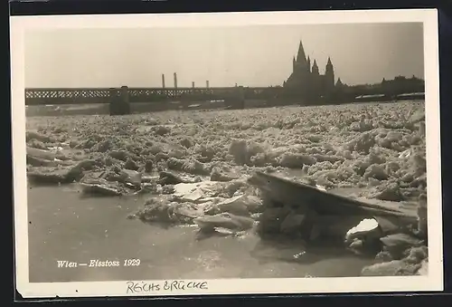 AK Wien, Eisstoss 1929, Reichsbrücke mit Eisschollen