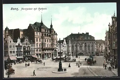 AK Bonn, Marktplatz mit Rathaus, Pferdebahn
