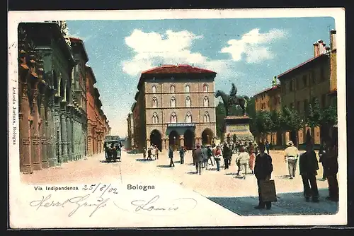 AK Bologna, Via Indipendenza, Pferdebahn