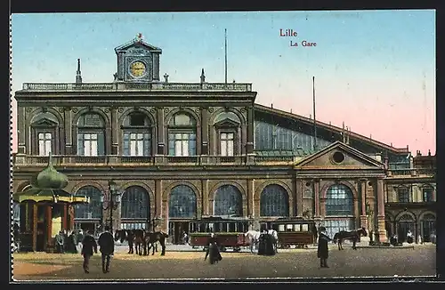 AK Lille, La Gare, Strassenbahn