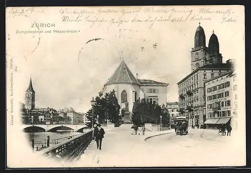 AK Zürich, Pferdebahn am Zwinglidenkmal u. Wasserkirche