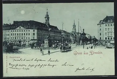 AK Dresden-Neustadt, Hauptstrasse mit Rathaus, Strassenbahnen