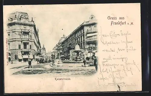 AK Frankfurt a. M., Pferdebahn auf der Kaiserstrasse mit Springbrunnen