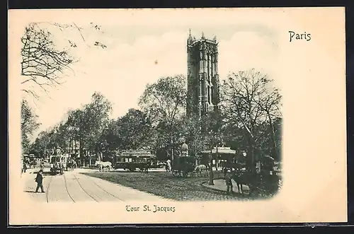 Relief-AK Paris, Tour St. Jacques, Pferdebahn