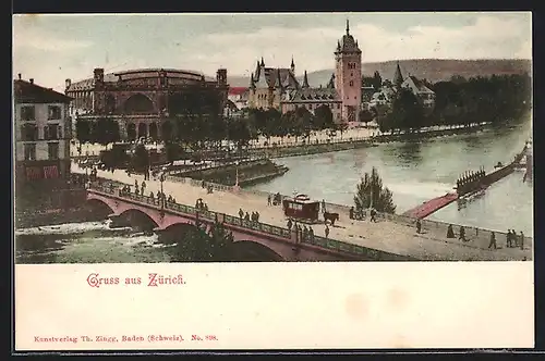AK Zürich, Pferdebahn auf der Brücke