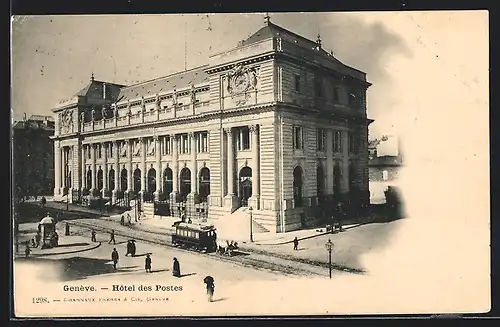 AK Genève, Hotel des Postes, Pferdebahn