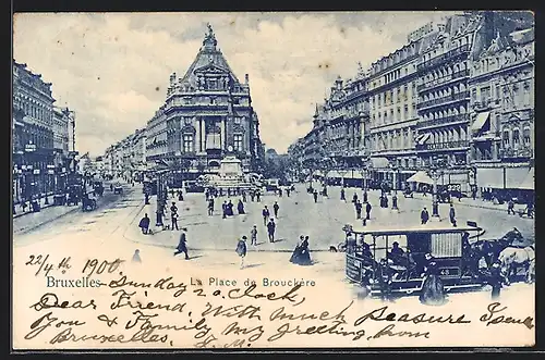 AK Brüssel / Bruxelles, Pferdebahn passiert den Place de Bouckere