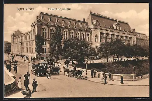 AK Bucuresti, Palatul de Justitiei, Pferdebahn, Pferdekutsche