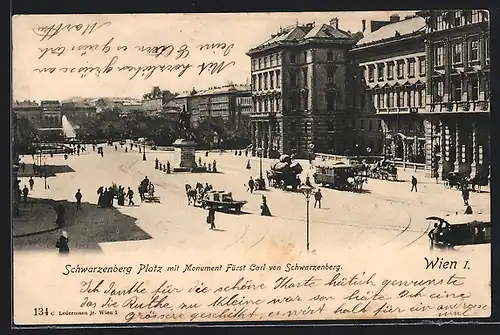 AK Wien III, Pferdebahn auf dem Schwarzenberg-Platz mit Monument Fürst Carl von Schwarzenberg