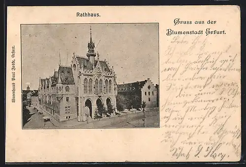 AK Erfurt, Rathaus mit Strassenpartie