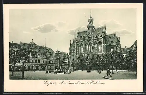 AK Erfurt, Fischmarkt mit Geschäft und Rathaus