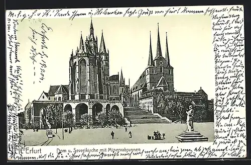 AK Erfurt, Dom und Severikirche mit Minervabrunnen, Strassenbahn