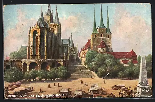 Künstler-AK Erfurt, Dom und St. Severikirche mit Denkmal