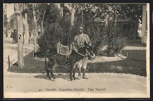 AK Marseille, Exposition Coloniale, Type Tunisien, Tunesier mit Maultier bei der Ausstellung