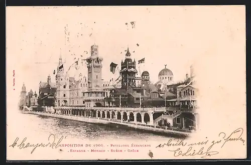 AK Paris, Exposition universelle de 1900, Pavillons Etrangers, Espagne, Monaco, Suéde, Gréce