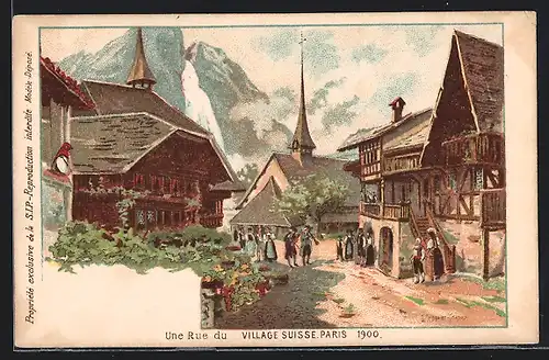 Lithographie Paris, Exposition universelle de 1900, Une Rue de Ville Suisse, Partie im schweizer Dorf