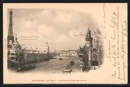 AK Paris, Exposition de 1900, La Tour Eiffel, Eiffelturm, la Seine au pont de l` Alma, Dampfschiff