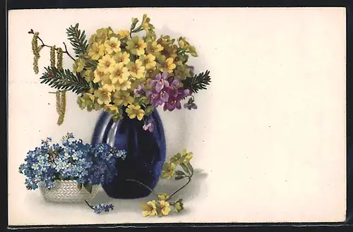 Künstler-AK Meissner & Buch (M&B) Nr. 2345: Vase mit Primeln, Vergissmeinnicht