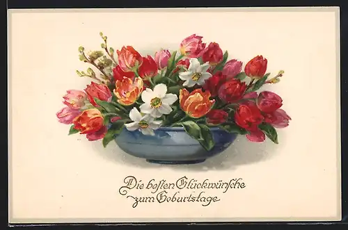 Künstler-AK Meissner & Buch (M&B) Nr. 2573: Schale mit Tulpen, Geburtstagsgruss