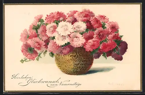Künstler-AK Meissner & Buch (M&B) Nr. 2138: wunderschön blühende Blumen in einem goldenen Topf