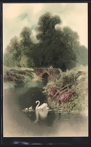 Künstler-AK Meissner & Buch (M&B) Nr.1189: Am Weiher, Blick zur Brücke mit Angler, Schwäne