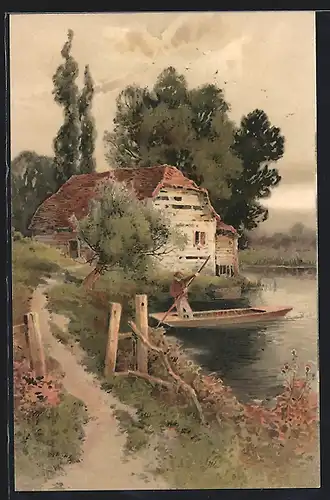 Künstler-AK Meissner & Buch (M&B) Nr. 1251: Dein Heim, Dein Glück, Uferpartie mit Haus, Ruderboot
