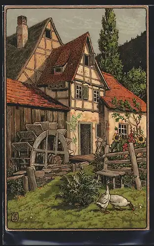 Künstler-AK Meissner & Buch (M&B) Nr. 1533: Wassermühle mit Gänsen
