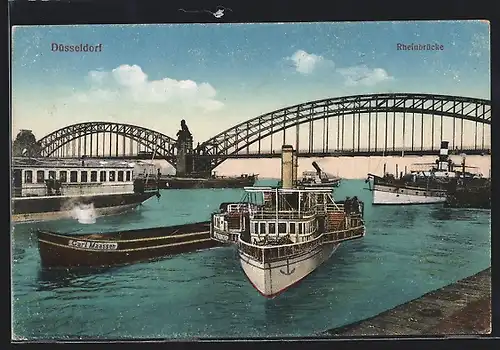 AK Düsseldorf, Rheinbrücke mit Dampfern