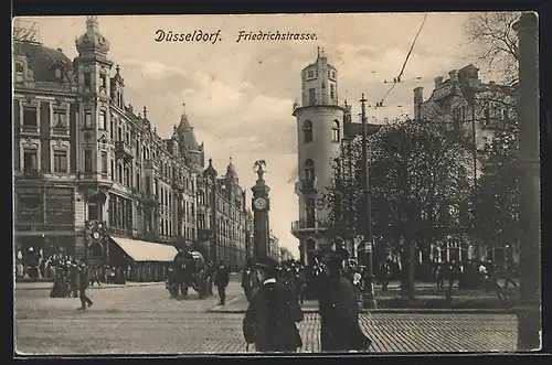 AK Düsseldorf, Friedrichstrasse mit Geschäft und Uhrturm