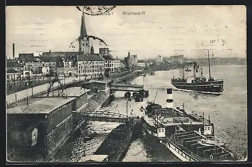 AK Düsseldorf, Rheinwerft mit Dampfern