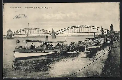 AK Düsseldorf, Rheinbrücke und Rheinfähre