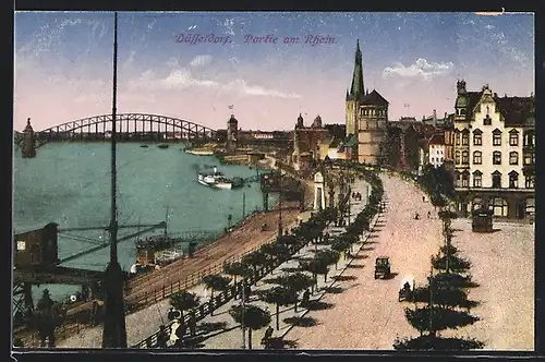 AK Düsseldorf, Partie am Rhein mit Brücke
