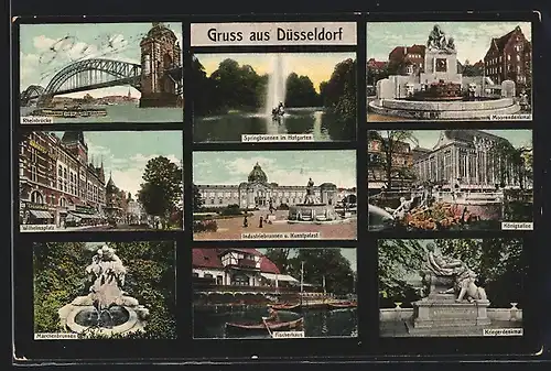 AK Düsseldorf, Wilhelmsplatz mit Bahnhof-Hotel, Fischerhaus, Rheinbrücke