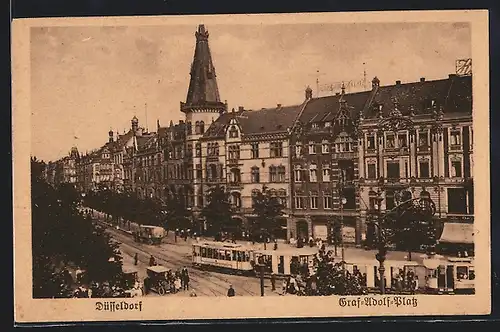 AK Düsseldorf, Hotel Fürstenhof am Graf-Adolf-Platz mit Strassenbahn