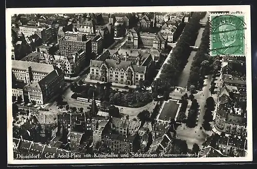 AK Düsseldorf, Graf Adolf-Platz, Königsallee und Stadtgraben, Flugzeugaufnahme