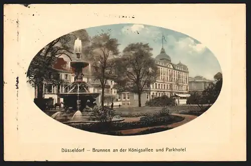 Präge-AK Düsseldorf, Brunnen an der Königsallee und Parkhotel, Passepartout