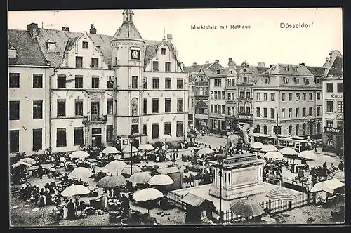 AK Düsseldorf, Marktplatz mit Rathaus und Denkmal