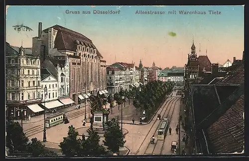 AK Düsseldorf, Alleestrasse mit Warenhaus Tietz und Strassenbahn