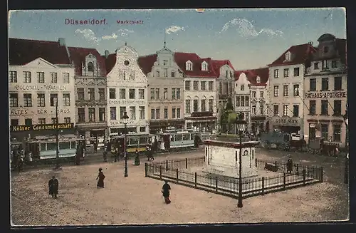 AK Düsseldorf, Strassenbahnen auf dem Marktplatz