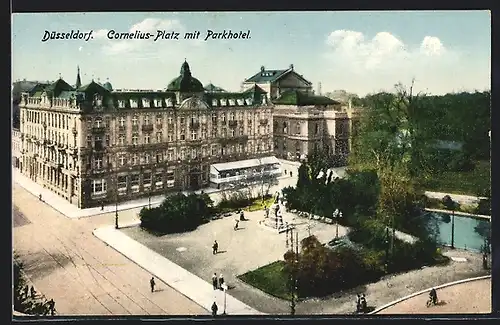 AK Düsseldorf, Cornelius-Platz mit Parkhotel und Denkmal