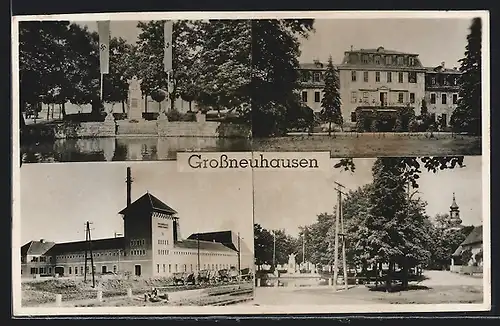 AK Grossneuhausen, Denkmal mit n, Fabrik, Ortspartie