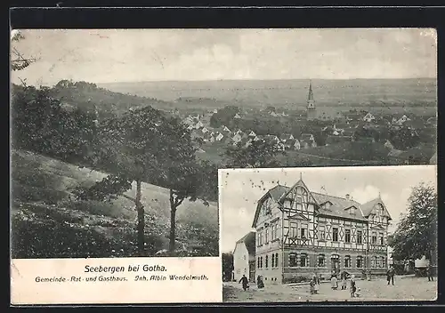 AK Seebergen bei Gotha, Gemeinde-Rat- und Gasthaus A. Wendelmuth mit Passanten, Gesamtansicht mit Umgebung