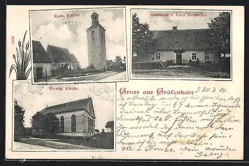 AK Gräfenhain, Gasthaus v. Emil Hentschel, Kath. Kirche, Evang. Kirche