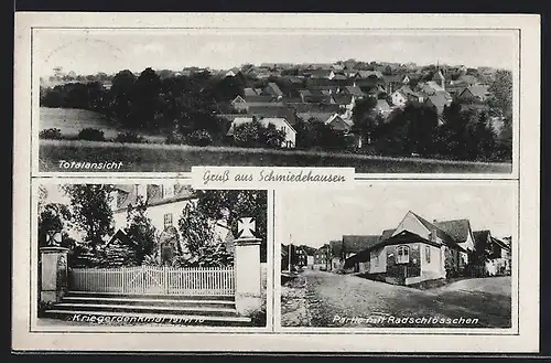 AK Schmiedehausen, Strassenpartie mit Gasthaus Radschlösschen, Kriegerdenkmal 1914-16, Totalansicht
