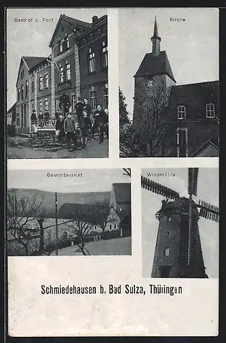 AK Bad Sulza /Th., Gesamtansicht, Gasthof zur Post, Windmühle und Kirche