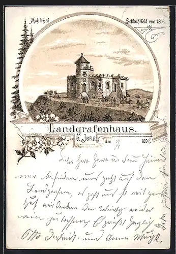 Lithographie Jena, Blick zum Landgrafenhaus